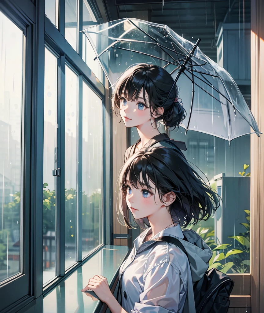A girl looks at the rainy scenery from a library window、I hope the rain stops soon.。A little melancholy look。