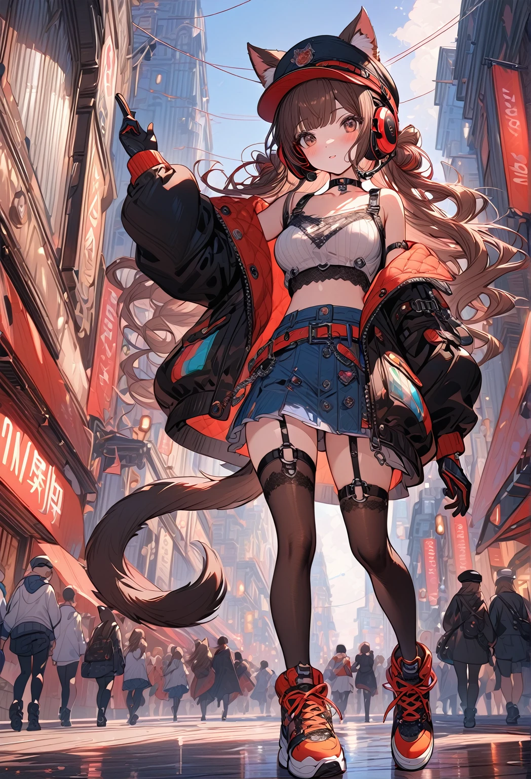 ((masterpiece:0), best quality, very aesthetic, newest, absurdres, detailed, high quality)
BREAK
highest quality, top quality, details, highres, ultra fine painting, digital art, official art, cinematic, 4k, 8k resolution, 8K CG wallpaper, CG, original artwork, detailed background, colorful background, blue atmosphere, High Dynamic Range, blurry background, blue hour, Starburst effects, crepuscular rays, good ISO, high resolution, wide shot, from far away, RAW photo, POV, sharp focus, light reflection, reflections, intricate details, soft light, particle noise, professional photography, bokeh, depth of field, natural lighting, vibrant colors, looking away, detailed lights and shadows, stylish, ultra-detailed, top rated on Pixiv, trending on Artstation, niji style, modern-days, master crafted, pose
BREAK
solo, 1girl, a girl, correct fingers, detailed hair, (medium big breasts:1.2), big thighs, short torso, short body, flushtered, blush, anxious expression, casual, slim, ((cute, childlike face):1.3), nice hips, nice body, brown hair, (long flowing hair:1.1), big 2 buns hairstyle, long bangs, long hair, middle hair bangs, brown eyes
BREAK
((colorful outfit), off shoulder crop top, short skirt, headphone, jacket, casual cap, belts, straps, choker, gloves, boots, (stockings), garterbelt, accessories, outfit ornaments, sneakers, kemonomimi, 1 tail, correct tail, (full body)) 
BREAK
a person walking down a street with a crowd of people, crowded street, crowded streets, in front of a large crowd, giant crowd, girl walking through city, people walking down a street
