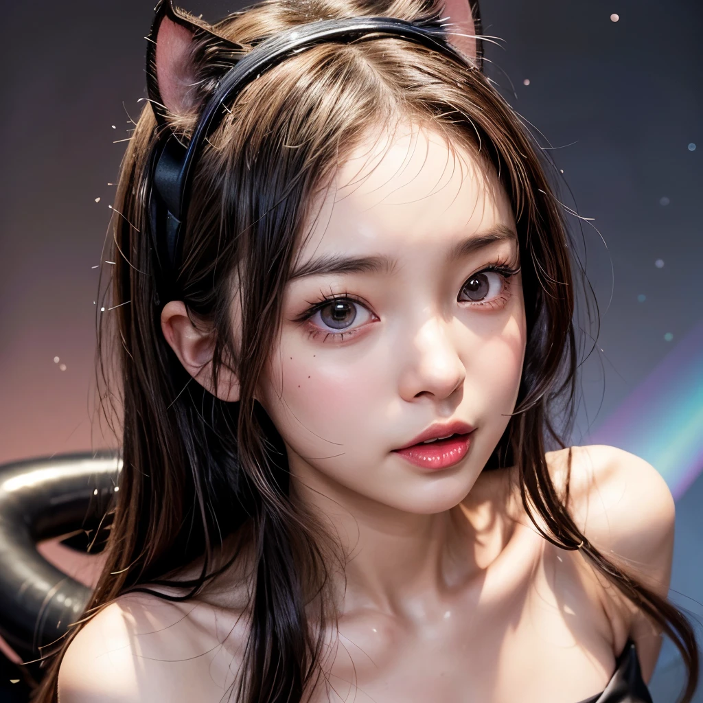 NSFW, 8k, High-level, absurd, masterpiece, best quality, primitive, very detailed CG, very detailed wallpaper, perfect lighting, Extremely detailed (((The personifying " Catwoman " as a  Girl))), MysticSight, Tyndall effect, Tyndall scattering, Studio gray background with (many Dazzling RainbowColor particles BokeH:1.28), (RoundlyButts, ThighGap), (Exposed:0.4), (Assfocus with looking ahead), BREAK (NOGIZAKA face variations) Extremely Detailed very KAWAII face variations, perfect anatomy, Childish, captivating gaze, elaborate detailed Eyes with (sparkling highlights:1.28), long eyelashes、Glossy RED Lips with beautiful details, Coquettish tongue, Rosy cheeks, Radiant PearlSkin with clear transparency . { (Dynamic LifeLike expressions:1.4) | :d) }, (large eyes:-1) .