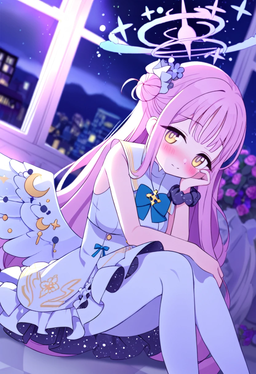 1girl, mika \(blue archive\), solo, scrunchie, wings, pink hair, wrist scrunchie, looking at viewer, flower, dress, hair ornament, long hair, head rest, yellow eyes, white dress, night, sleeveless, white pantyhose, hair bun, sleeveless dress, single side bun, hair flower, sitting, window, white wings, halo, blush, bangs, crescent, low wings, frilled dress, potted plant, indoors, angel wings, star \(sky\), sky, frills, night sky, pantyhose, blurry background, very aesthetic, absurdres