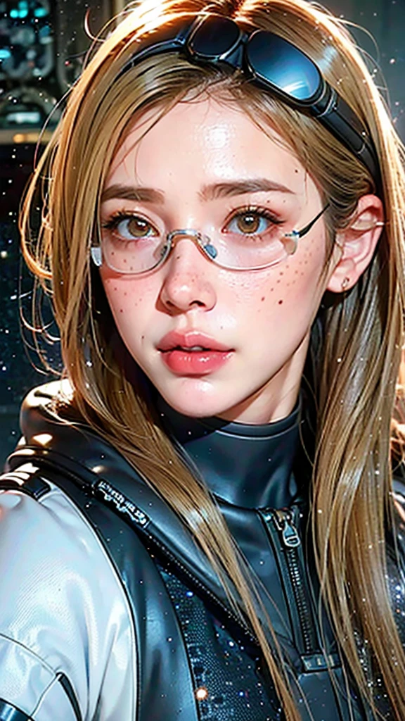 1girl, solo, freckles, goggles, realistic, looking_at_viewer, parted_lips, lips, portrait, close-up, spacesuit, science_fiction, blonde_hair, mole