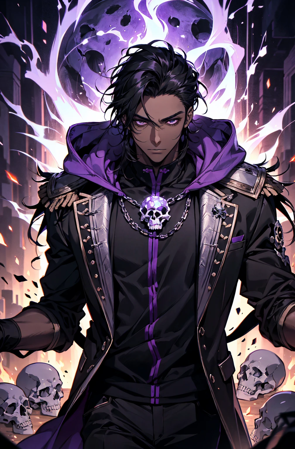 male with bones, looking away from camera, skulls, bones, handsome, black, dark skin, tall, broad shoulders, black hair, purple, purple fire, magic, detailed face, fantasy, hoodie

