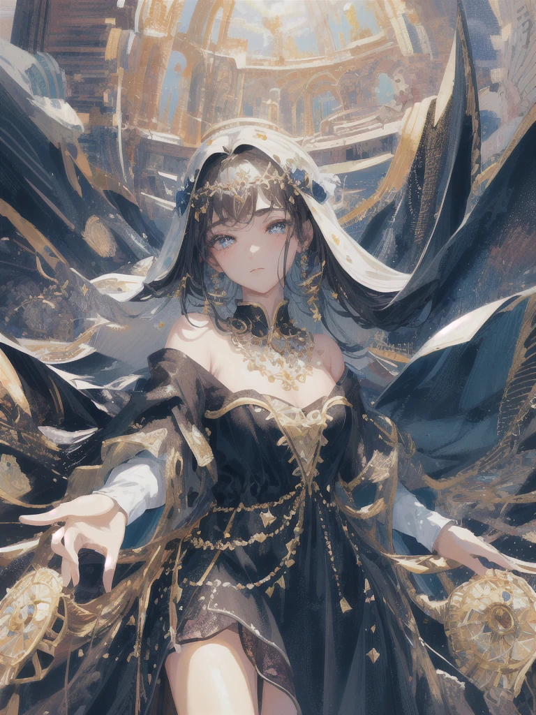 ((masterpiece, highest quality, Super detailed, High resolution)), alone, beautiful girl, shining eyes, perfect eyes, 15 years old, black white gold theme,