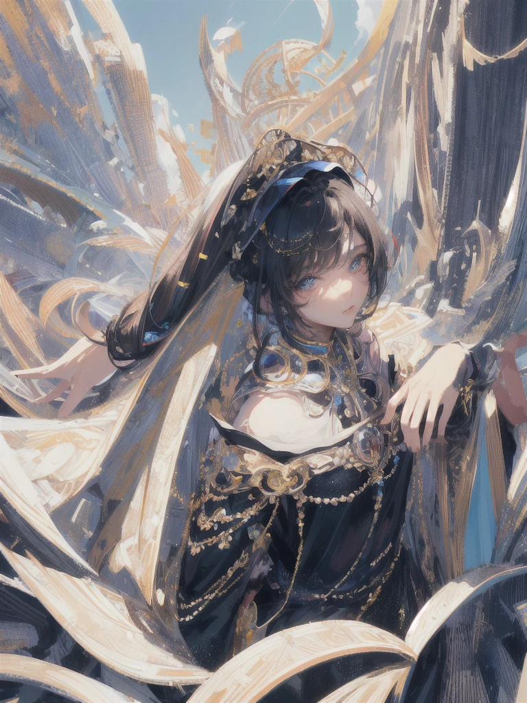 ((masterpiece, highest quality, Super detailed, High resolution)), alone, beautiful girl, shining eyes, perfect eyes, 15 years old, black white gold theme,