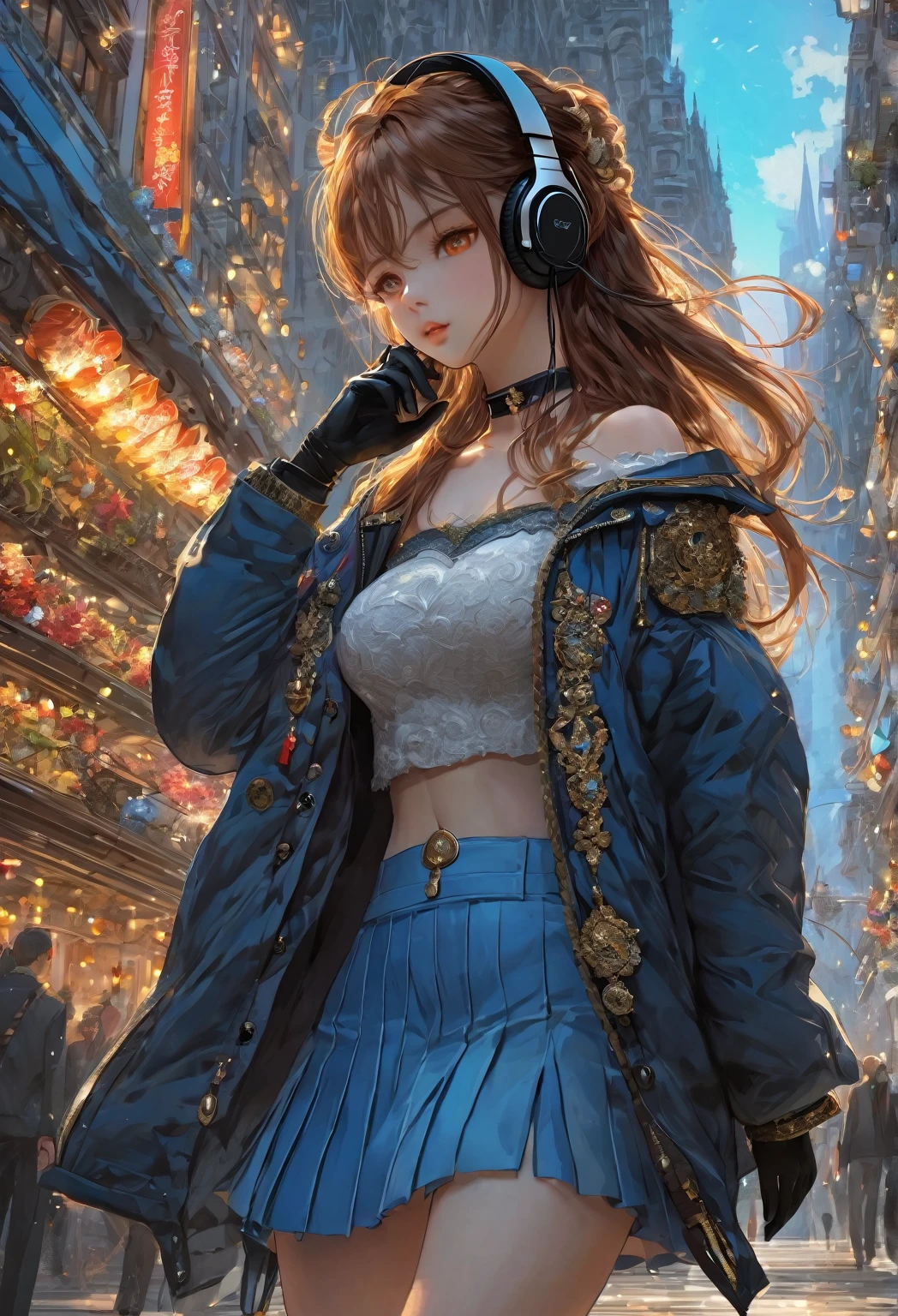 ((masterpiece:0), best quality, very aesthetic, newest, absurdres, detailed, high quality)
BREAK
highest quality, top quality, details, highres, ultra fine painting, digital art, official art, cinematic, 4k, 8k resolution, 8K CG wallpaper, CG, original artwork, detailed background, colorful background, blue atmosphere, High Dynamic Range, blurry background, blue hour, Starburst effects, crepuscular rays, good ISO, high resolution, wide shot, from far away, RAW photo, POV, sharp focus, light reflection, reflections, intricate details, soft light, particle noise, professional photography, bokeh, depth of field, natural lighting, vibrant colors, looking away, detailed lights and shadows, stylish, ultra-detailed, top rated on Pixiv, trending on Artstation, niji style, modern-days, master crafted, pose
BREAK
solo, 1girl, a girl, correct fingers, detailed hair, (medium big breasts:1.2), big thighs, short torso, short body, flushtered, blush, anxious expression, casual, slim, ((cute, childlike face):1.3), nice hips, nice body, brown hair, (long flowing hair:1.1), big 2 buns hairstyle, long bangs, long hair, middle hair bangs, brown eyes
BREAK
((colorful outfit), off shoulder crop top, short skirt, headphone, jacket, casual cap, belts, straps, choker, gloves, boots, (stockings), garterbelt, accessories, outfit ornaments, sneakers, kemonomimi, 1 tail, correct tail, (full body)) 
BREAK
a person walking down a street with a crowd of people, crowded street, crowded streets, in front of a large crowd, giant crowd, girl walking through city, people walking down a street