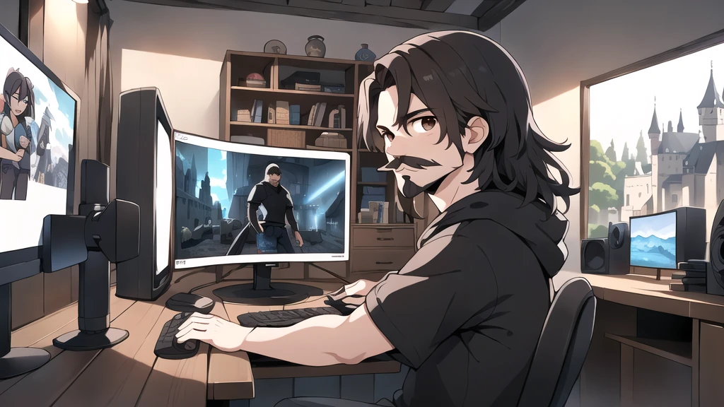 neocruz long black hair, Brown eyes, Spotlight, a mature male villager with a beard and mustache, utiliza una computer de juego dentro de una casa campesina.,casual beach clothing, shirt, hoodie, Dur3r Style,(gaming computer monitor, keyboard (computer), cables, rgb games),horses,castle in the distance,