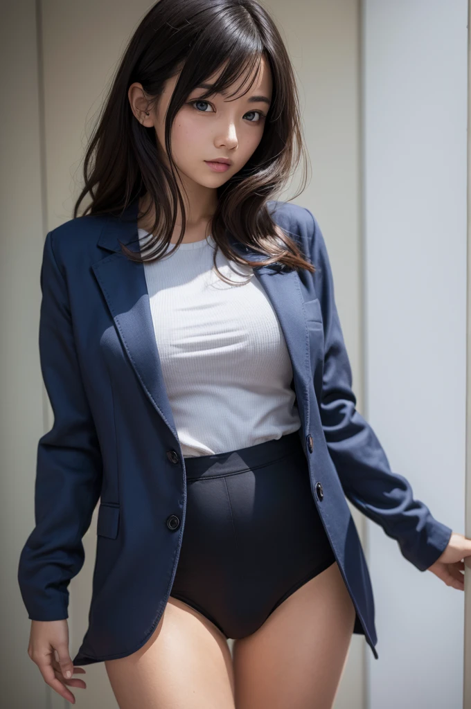 Woman in a suit standing on the sidewalk,((25-year-old woman))、Big Breasts、Dark brown hair color、Hairstyle with bangs、Various hairstyles、Hairstyles of different lengths、(8k, RAW Photos, highest quality, Tabletop: 1.2),、(Realistic, Realistic: 1.3), Cityscape,office district, Day, Sunny Morning, Professional Lighting, Photon Mapping, shirt, (Woman in a suit:1.1), ((Silk Suit:1.3))、A-line skirt、(Tight Skirt:1.3)、((Delicate photo))，(Detailed RAW Photos of Girls), (Tabletop:1.25), (highest quality:1.6), (high resolution:1.5), (Realistic:1.75), 8k resolution, Canon EOS R5, 50mm, absurdes, Ultra-detailed,Cinema Lighting, (Skirt Lift:1.4)、nsfw、smile、Skirt flipped up、(sexy blue panties),(from below:1.5)