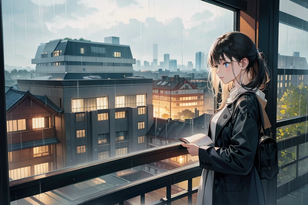 Woman looking at the rainy scenery from the library window:1.8、I hope the rain stops soon.。A little melancholy look。evening。holding a book in hand。
