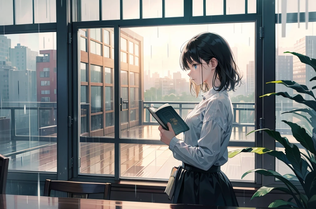 Woman looking at the rainy scenery from the library window:1.8、I hope the rain stops soon.。A little melancholy look。evening。holding a book in hand。