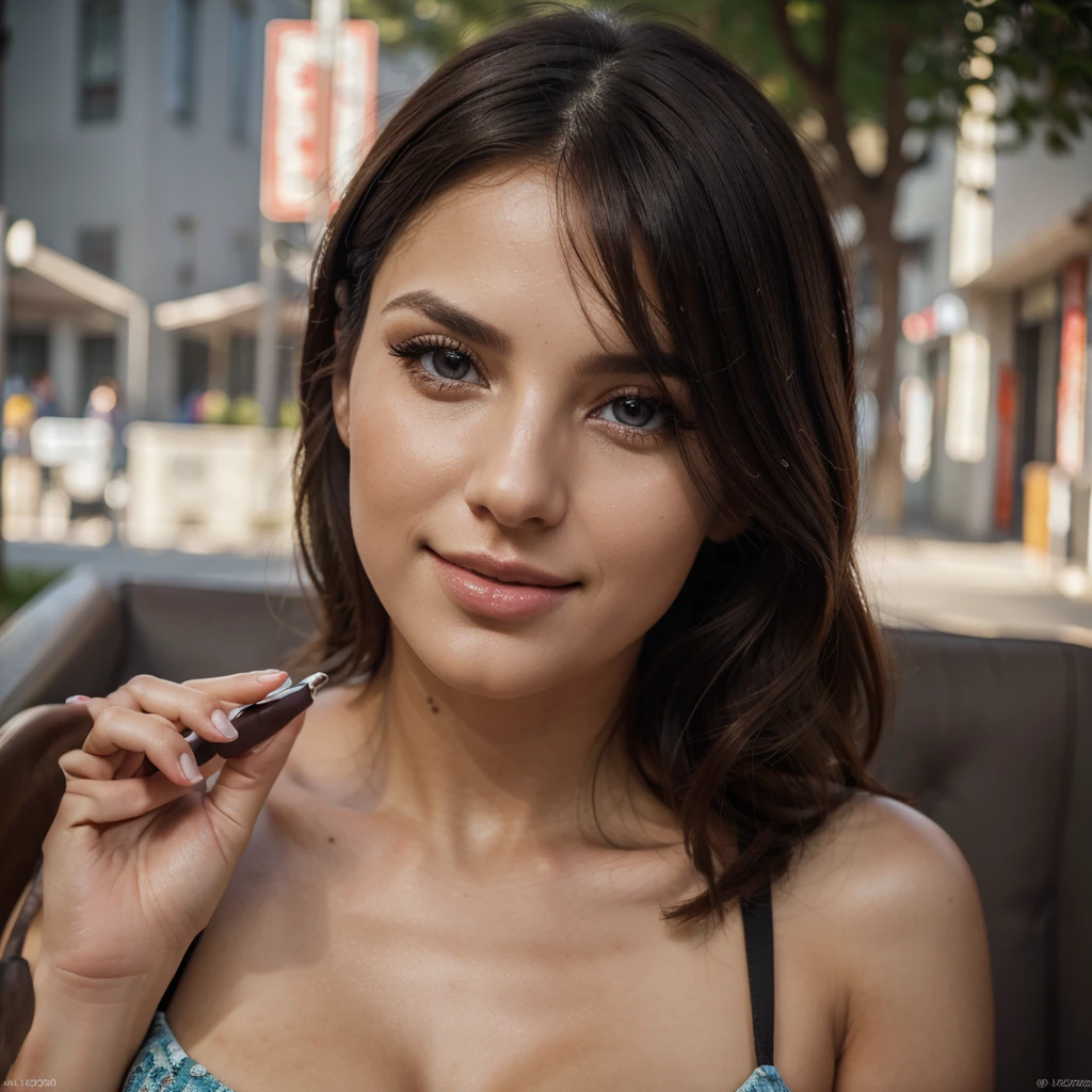 1 woman, beautiful argentinian woman, sensual and gorgeous woman, seductive gaze, casual clothing, she eating a candy, whole body, very sexy poses, she is smiling, outdoor scene, looking at camera, detailed beautiful face, full body, makeup, best quality, 4k, 8k, highres, masterpiece:1.2, ultra-detailed, realistic, photorealistic:1.37, HDR, UHD, vivid colors, studio lighting, professional, portrait, beautiful detailed eyes, beautiful detailed lips, extremely detailed face and eyes, long eyelashes