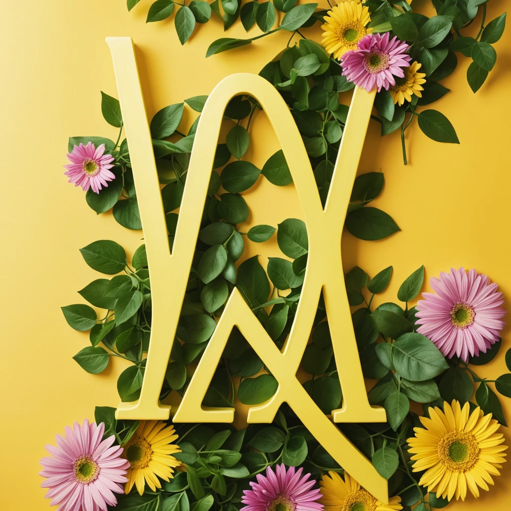 The letter M made out of pretty flowers and vines and green plants with a pale yellow background