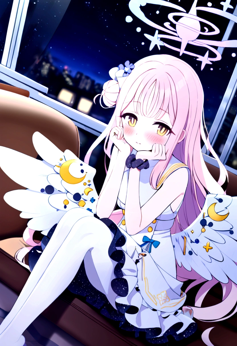 1girl, mika \(blue archive\), solo, scrunchie, wings, pink hair, wrist scrunchie, looking at viewer, flower, dress, hair ornament, long hair, head rest, yellow eyes, white dress, night, sleeveless, white pantyhose, hair bun, sleeveless dress, single side bun, hair flower, sitting, window, white wings, halo, blush, bangs, crescent, low wings, frilled dress, potted plant, indoors, angel wings, star \(sky\), sky, frills, night sky, pantyhose, blurry background, very aesthetic, absurdres