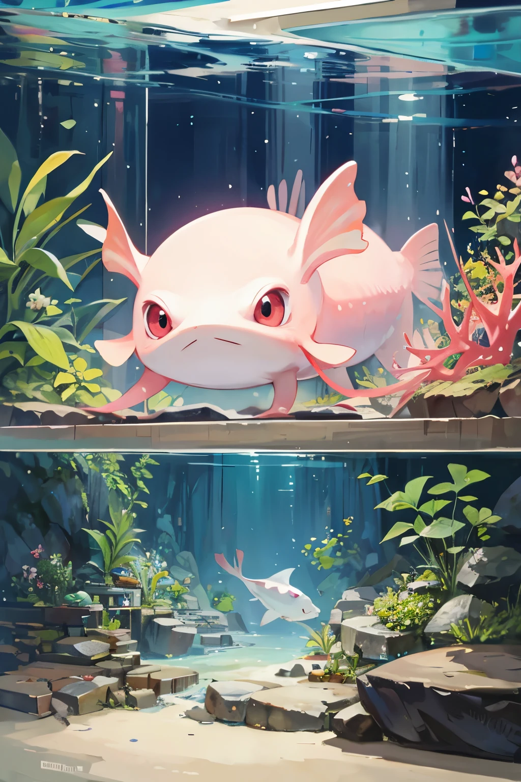 An axolotl inside an aquarium looking at me 