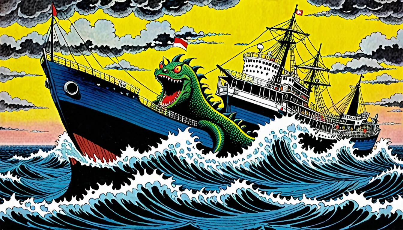there is a painting of a ship in the middle of a body of water, kazuo umezu art,  monstro em terra, rising from the ocean, Sea monster, Sea monster, terror lovecraftiano!