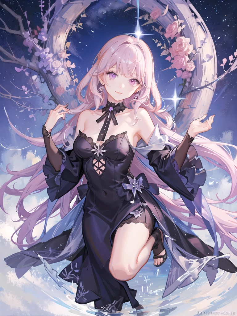 girl,full body,(detailed face:1.2), Masterpiece, fashion,black dress,, medium hair, light pink purple hair, purple pink eyes,มีปีกbat,white background,Vtuber,Full HD,bat,Long hair braided in the back,Shoulder length facial hair,purple highlighted hair color,There is a black choker on the neck..,full body,soft smile,ชุดมีลายดาวสีเหลืองและลายเงาbat.,ปีกbatสีดำทึบติดอยู่ที่ศีรษะทั้งซ้ายและขวา.