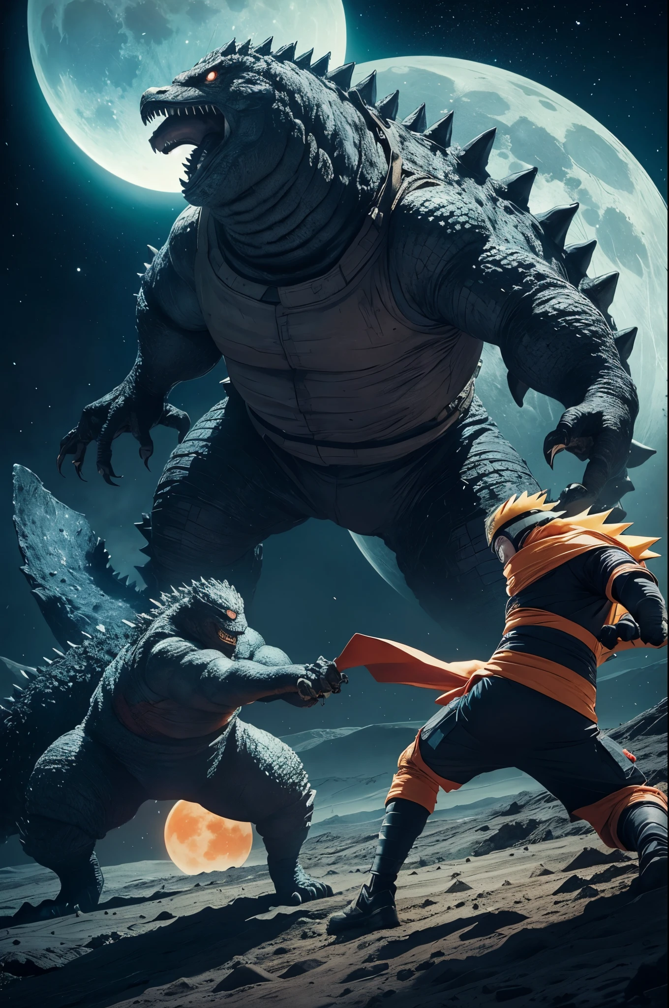 Naruto fighting Godzilla on the moon