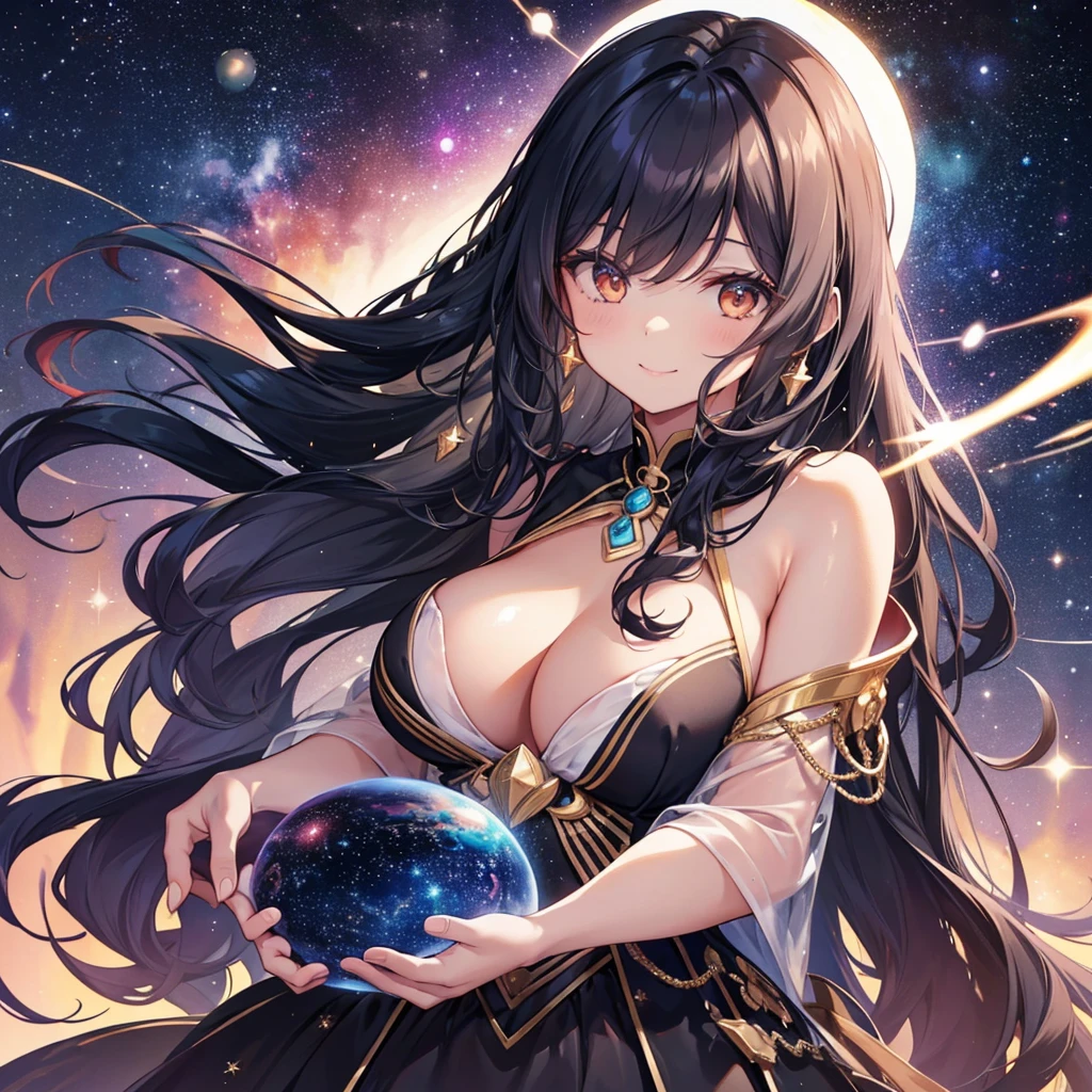 Woman with very long wavy black hair tan skin, good size breast,  wearing a beautiful dark majenta  glitter dress and smiling up. Little, surrounded by outerspace, planets, and galaxies