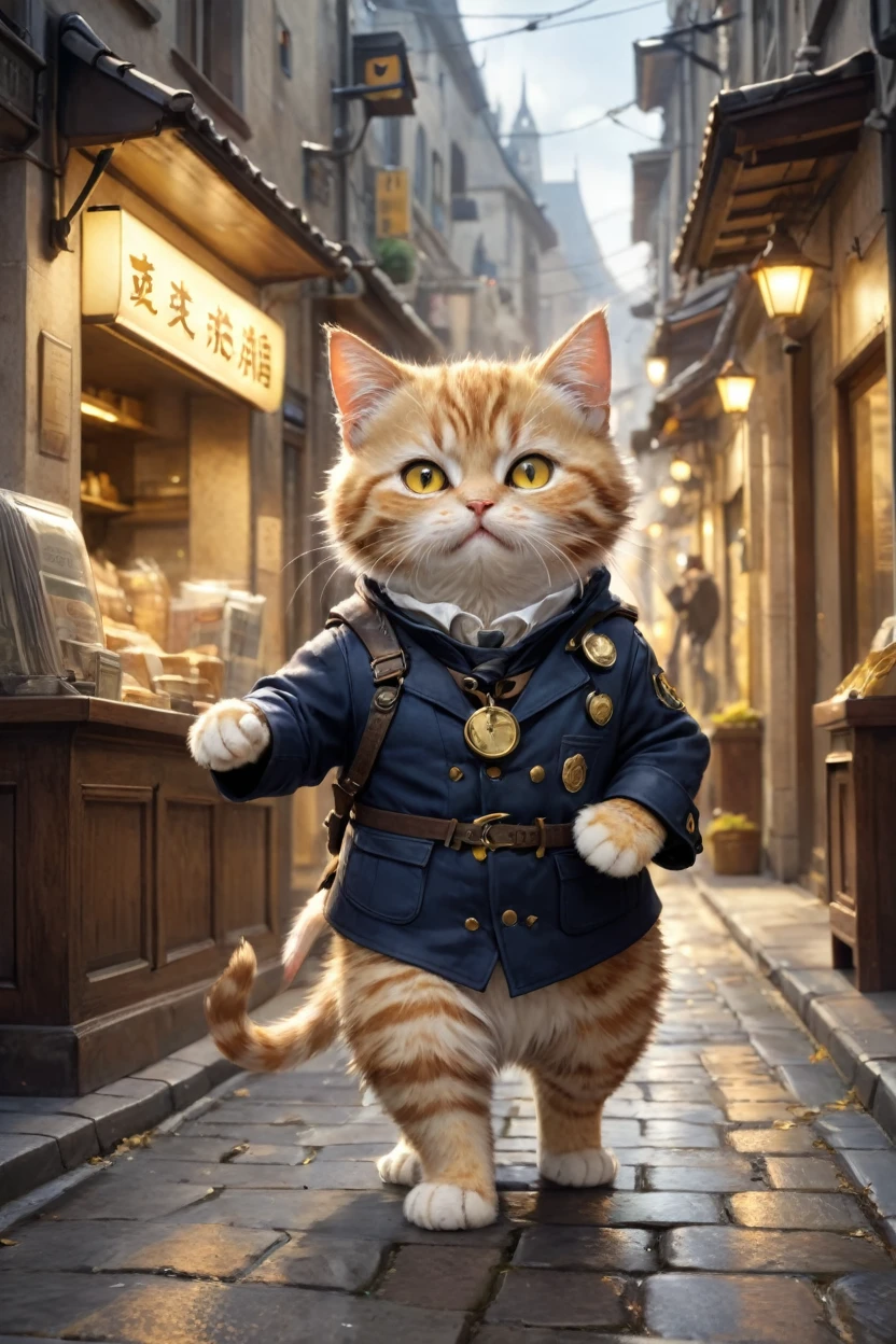 small, There are no humans in this world、The world of anthropomorphized cats、かわいいbornき物,Anthropomorphic3Cats are robbing a bank、 Both the bank staff and the bank customers are cats wearing anthropomorphic clothing.、whole body,Walking through a peaceful modern city, Costumes,、 Fantasy art, Exquisite detail, Jean-Baptiste Monge Style, 、Alan Lee Style, An anthropomorphic, fat, furry tabby kitten with yellow eyes, Movie Scenes, Dramatic shot angles, , Realistic, born々Amazing cinematic photorealism, Action Portrait, 8K, detailed, Full Frame