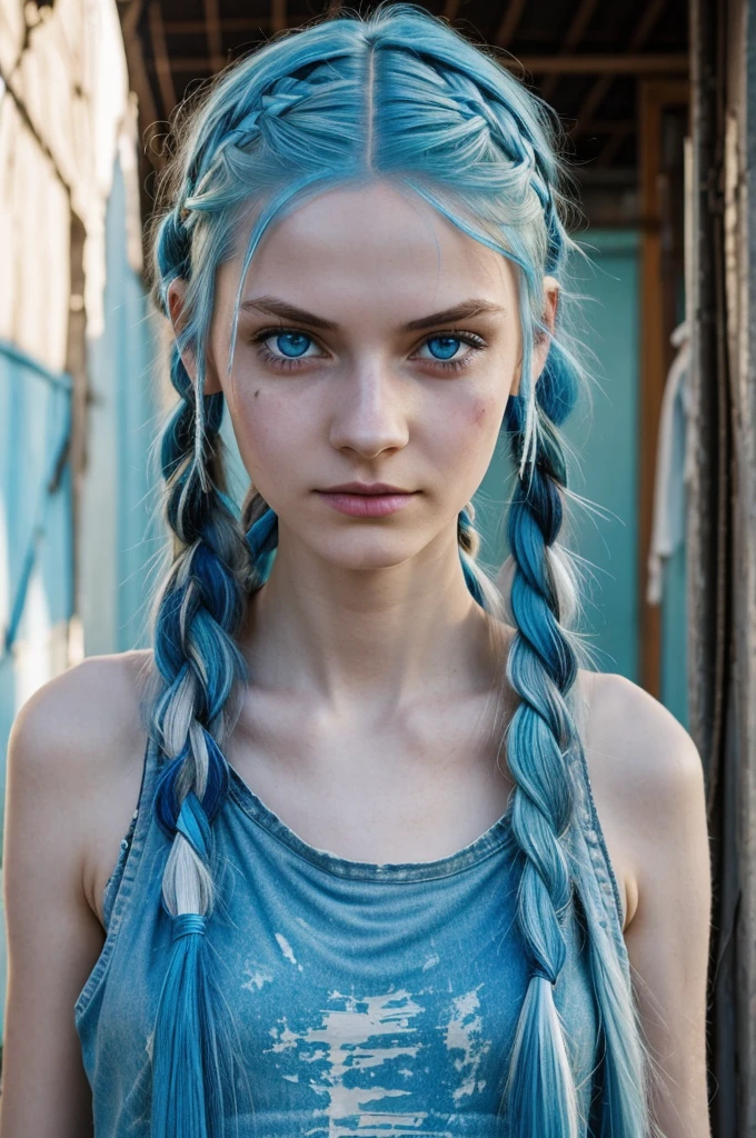 a young woman of approximately 1,65 meters thin and athletic complexion with pale skin, with some scars and marks Long bright blue hair with loose strands tied in two braids Light blue eyes with a manic shine of worn and ragged clothes, with bright colors and chaotic patterns