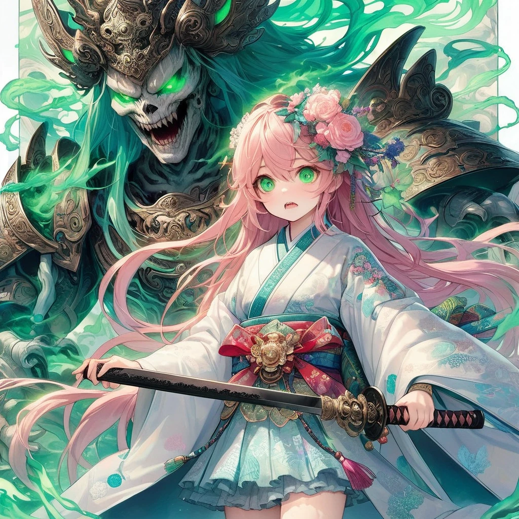 masterpiece, highest quality, A full-body illustration from the front. The main character is a young girl in a traditional Japanese long black outfit with long pink hair. She is holding a sword and behind her is a huge, menacing spirit with a terrifying expression and wearing elaborate armor. Green smoke swirls around her. Her eyes are green, matching the aura of the spirit. The overall scene is dynamic and vivid, with a mysterious and otherworldly atmosphere.