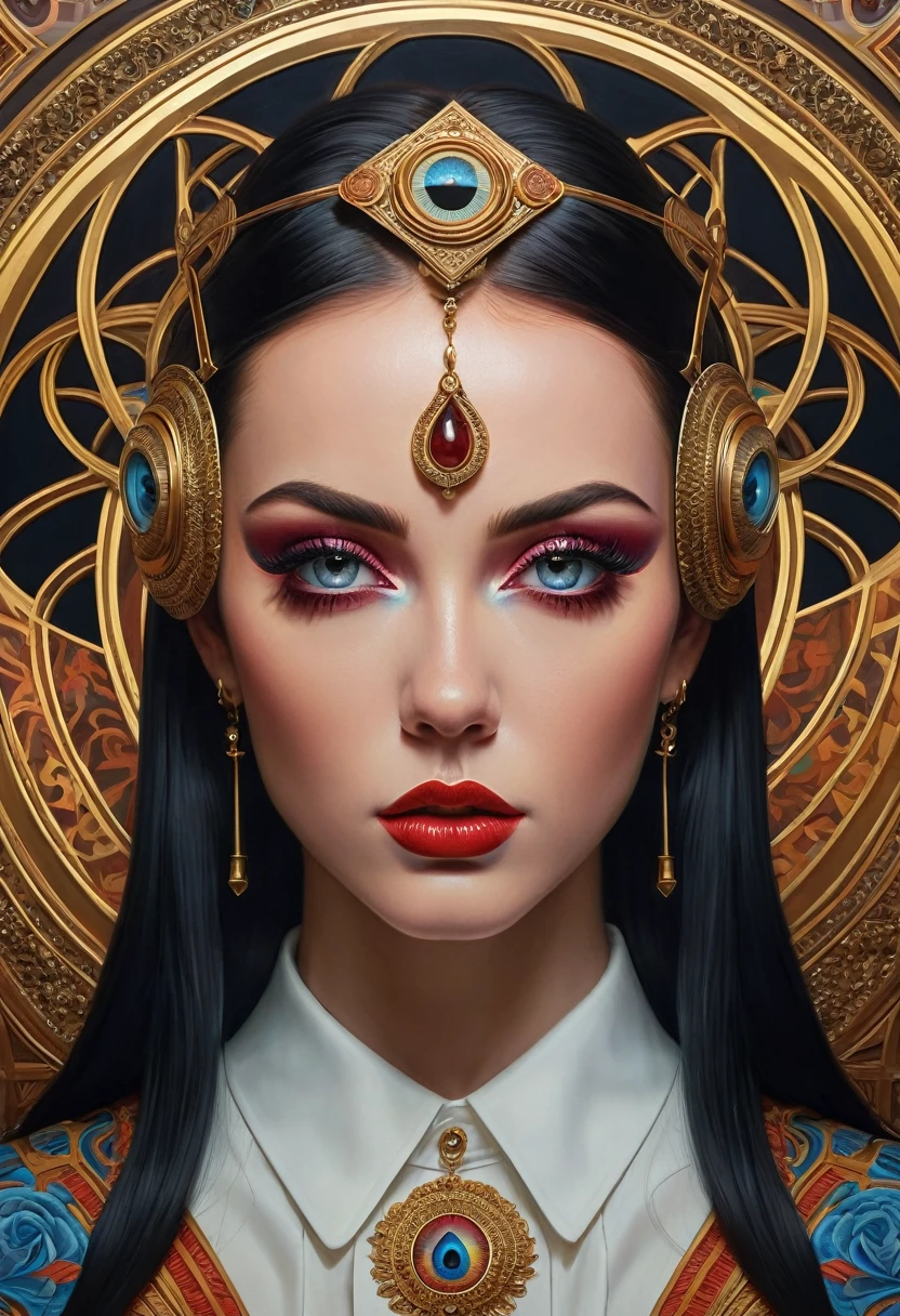 best qualityer, work of art, highly detailed symmetrical eyes, Kizi, highly detailed background, trend in (art station:1.46), hyper realist, cinematic lighting, Studio quality, 8k resolution, work of art, no pissing style, por Tristan Eaton Stanley Artgerm e Tom Bagshaw