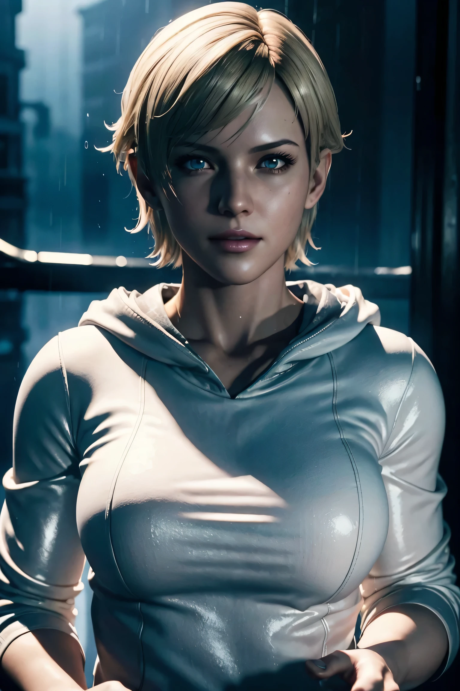 Resident Evil 6,Shelley,Short Hair,Blonde Hair,White hoodie,Cold protection,neck warmer,Photorealistic,Ultra HD,high quality,masterpiece,Digital SLR,Detailed details,Intricate details,Anatomical basis,Depicted in detail,A detailed face,Realistic skin texture,Vivid details,Perfect ,Perfect ,Anatomically correct hand,Anatomically correct fingers,Super Detail,Complex 3D rendering, pose,Rainy Sky,Beautiful scenery,Fantastic rainy sky,Picturesque,Pink Lips,smile,