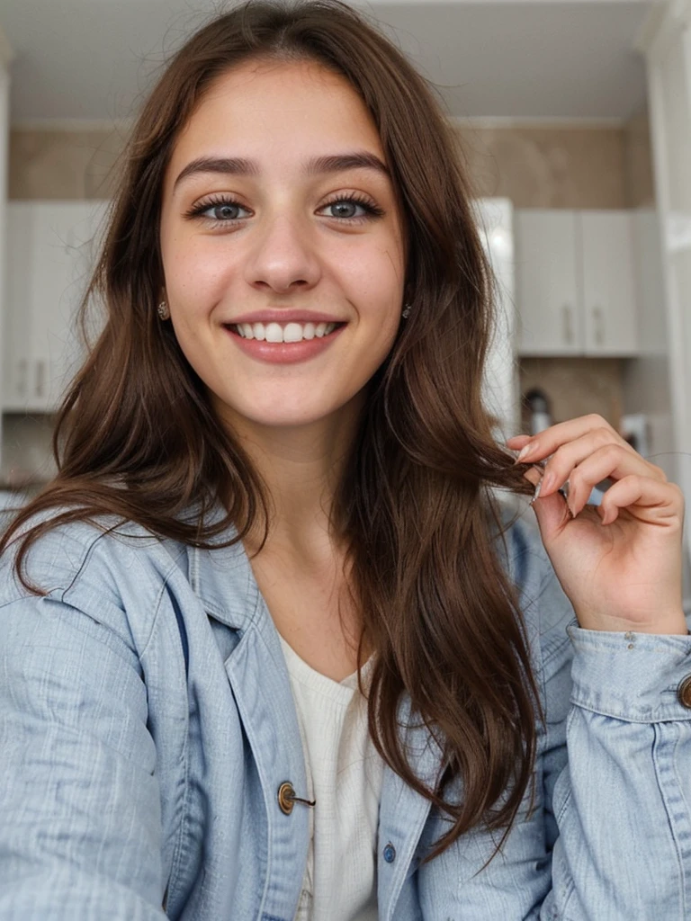 one cute women, 20YO, white, Arab, cute face, realistic brown eyes, blue jacket, brown hair, cute smile, skinny face, white realistic teethes, big eyes, long hair