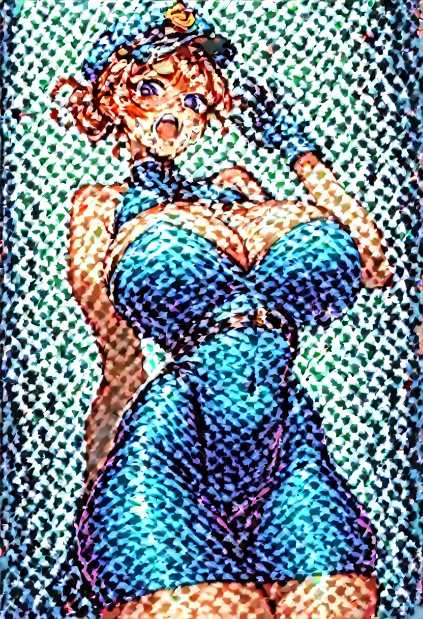 Maki nishikino, purple eyes, open mouth,red hair, (curvy body), huge breasts, cleavage , wide hips,thicc thighs,((short bodycon dress)), strapless , sleeveless, bare shoulders ,gloves, police cap, blushing,standing,looking at viewer, in prison,facial, cum, cum on breasts , castlevania style 