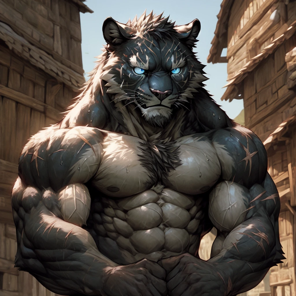 Sweating muscular man in a medieval village，，With furry anthropomorphic chest hair，Serious face（scars in the face） Mature （blue eyes）Big muscles，Ripped abdominal muscles，Wild General，Ambitious，Consider，Uncle vicissitudes，Black Panther