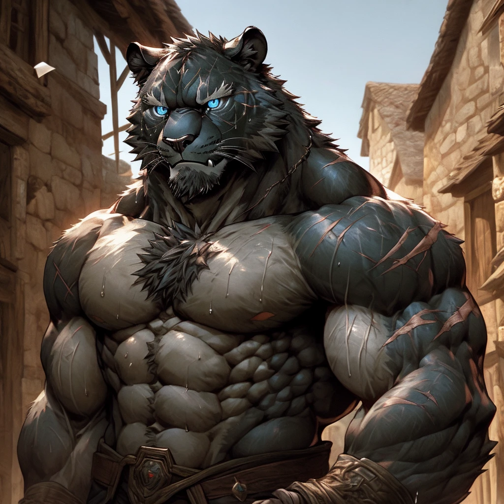Sweating muscular man in a medieval village,Topless,With furry anthropomorphic chest hair,Serious face(scars in the face) Mature (blue eyes)Big muscles,Ripped abdominal muscles,Wild General,Ambitious,Consider,Uncle vicissitudes,Black Panther