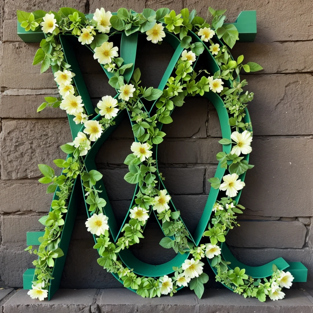 The letter M made out of pretty flowers and vines and green plants, lots of detail