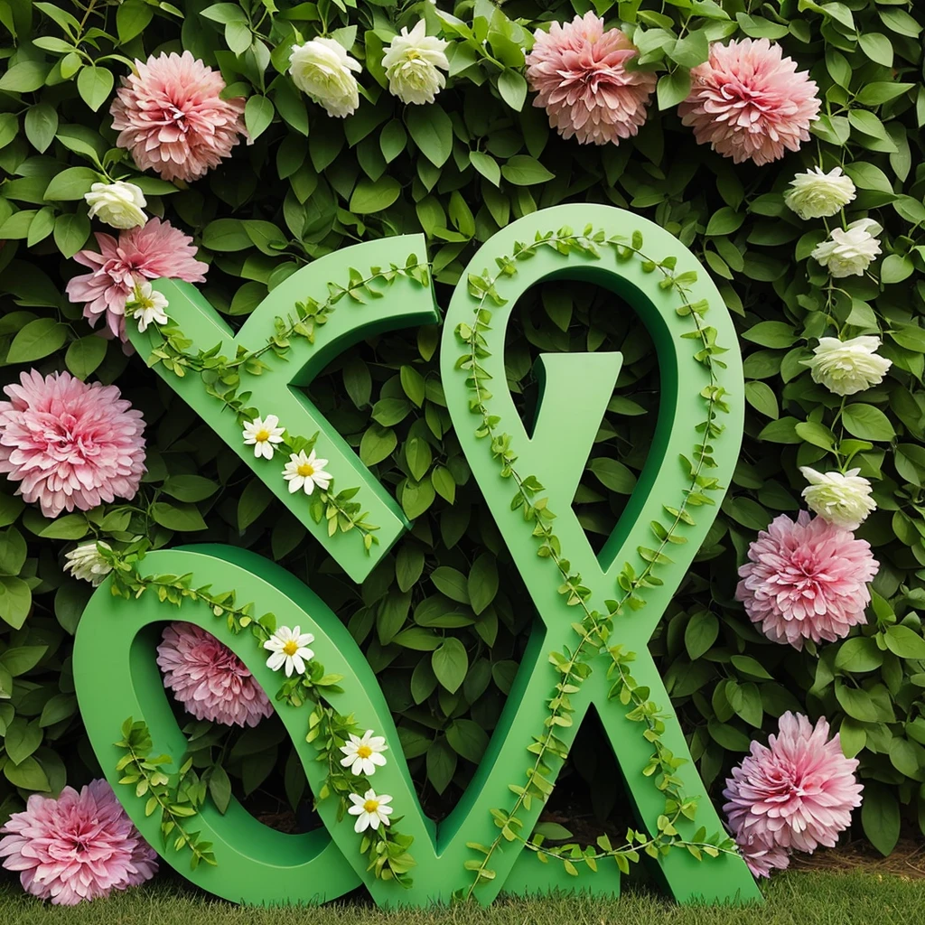 The letter M made out of pretty flowers and vines and green plants, lots of detail