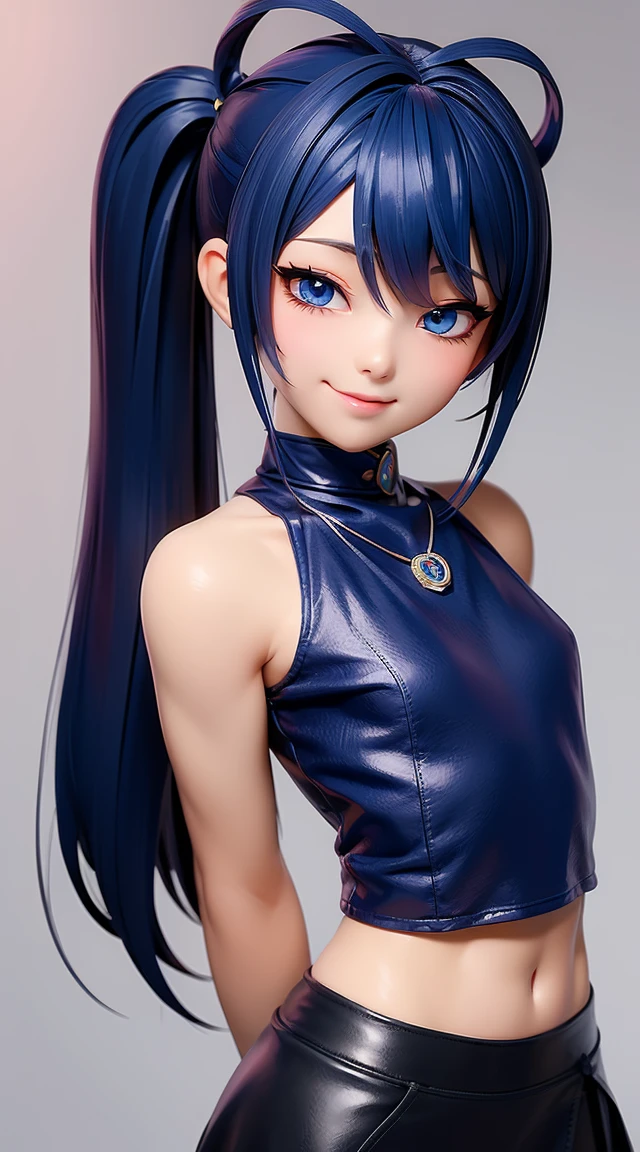 (masterpiece:1.3), (Best Quality:1.3), (Ultra-detailed:1.2), ((kawaii)), Cute, (lovely), ((sexy)), ((Extremely detailed)), 4K, (8K), Best Quality, (Beautiful), Illustration, anime style, (bold line:1.2), Gradation, looking at viewer, //, (bent down:1.1), (arms behind back), //, a cute girl, 1girl, (solo:1.2), gleaming skin, //, (flat chested), (Perfect eyes:1.2), (Perfect iris:1.2), //, darkblue hair color, (beautiful eyes) //, (half closed eyes:1.3), (sexual expression:1.2), Fascinated expression, smile, (blush:1.2), //, modern city background, on rock, twin tails, muscle girl, hard abs, exposed abs, NECKLACE, tight blouse, skirt