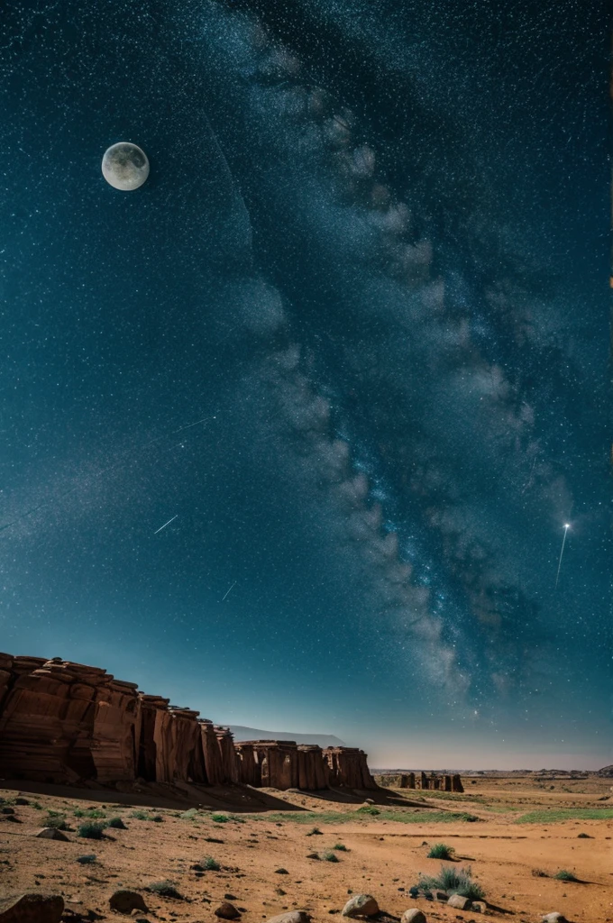 A daytime landscape with stars and a moon