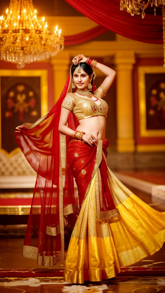 Indian courtesan dancing inside a golden palace, wearing gold jewelry and traditional Indian saree with red color, a detailed red and gold veil with stones, 8k, ultra realistic, detailed and perfect painting