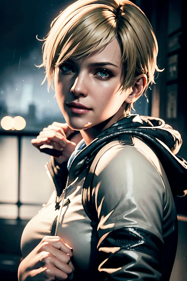 Resident Evil 6,Shelley,Short Hair,Blonde Hair,White hoodie,Cold protection,neck warmer,Photorealistic,Ultra HD,high quality,masterpiece,Digital SLR,Detailed details,Intricate details,Anatomical basis,Depicted in detail,A detailed face,Realistic skin texture,Vivid details,Perfect Anatomy,Perfect Anatomy,Anatomically correct hand,Anatomically correct fingers,Super Detail,Complex 3D rendering,Sexy pose,Rainy Sky,Beautiful scenery,Fantastic rainy sky,Picturesque,Pink Lips,smile,