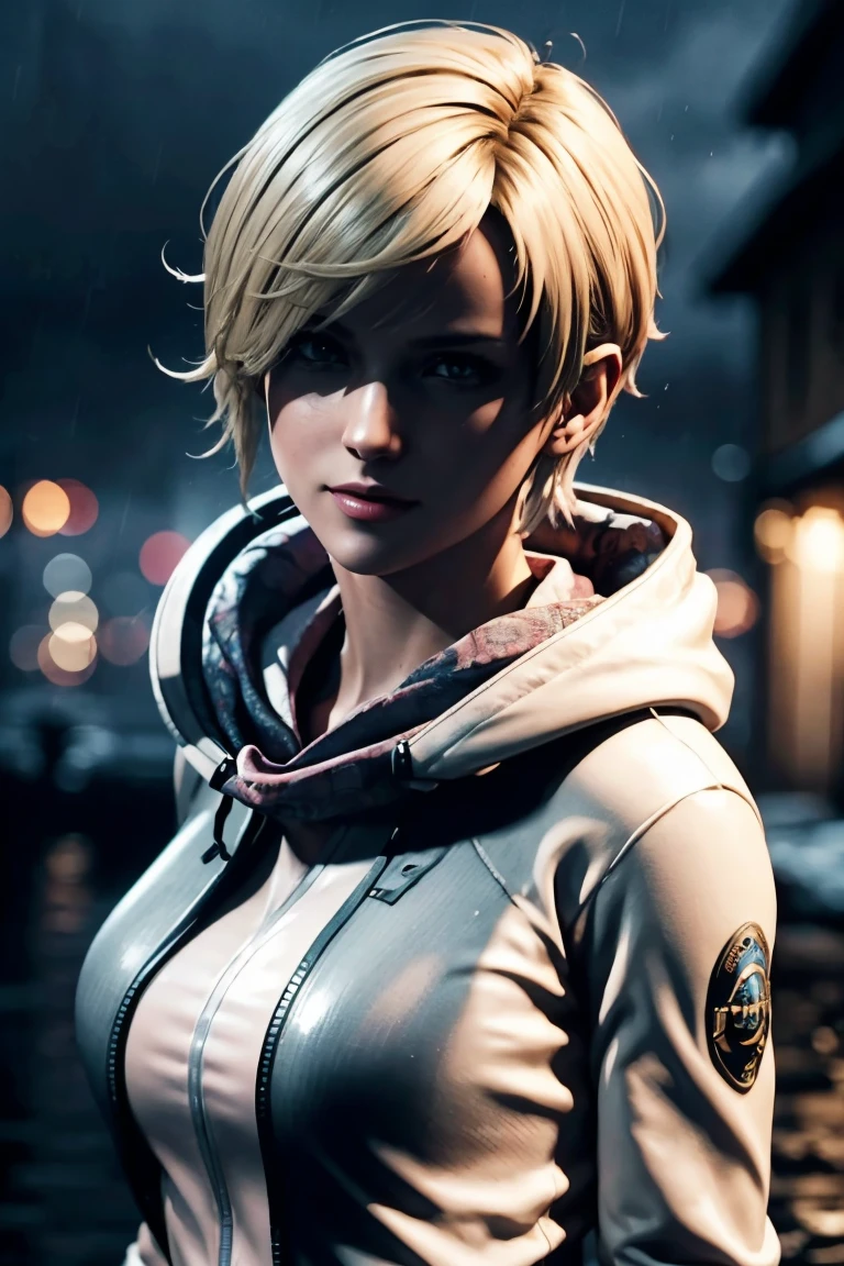 Resident Evil 6,Shelley,Short Hair,Blonde Hair,White hoodie,Cold protection,neck warmer,Photorealistic,Ultra HD,high quality,masterpiece,Digital SLR,Detailed details,Intricate details,Anatomical basis,Depicted in detail,A detailed face,Realistic skin texture,Vivid details,Perfect Anatomy,Perfect Anatomy,Anatomically correct hand,Anatomically correct fingers,Super Detail,Complex 3D rendering,Sexy pose,Rainy Sky,Beautiful scenery,Fantastic rainy sky,Picturesque,Pink Lips,smile,