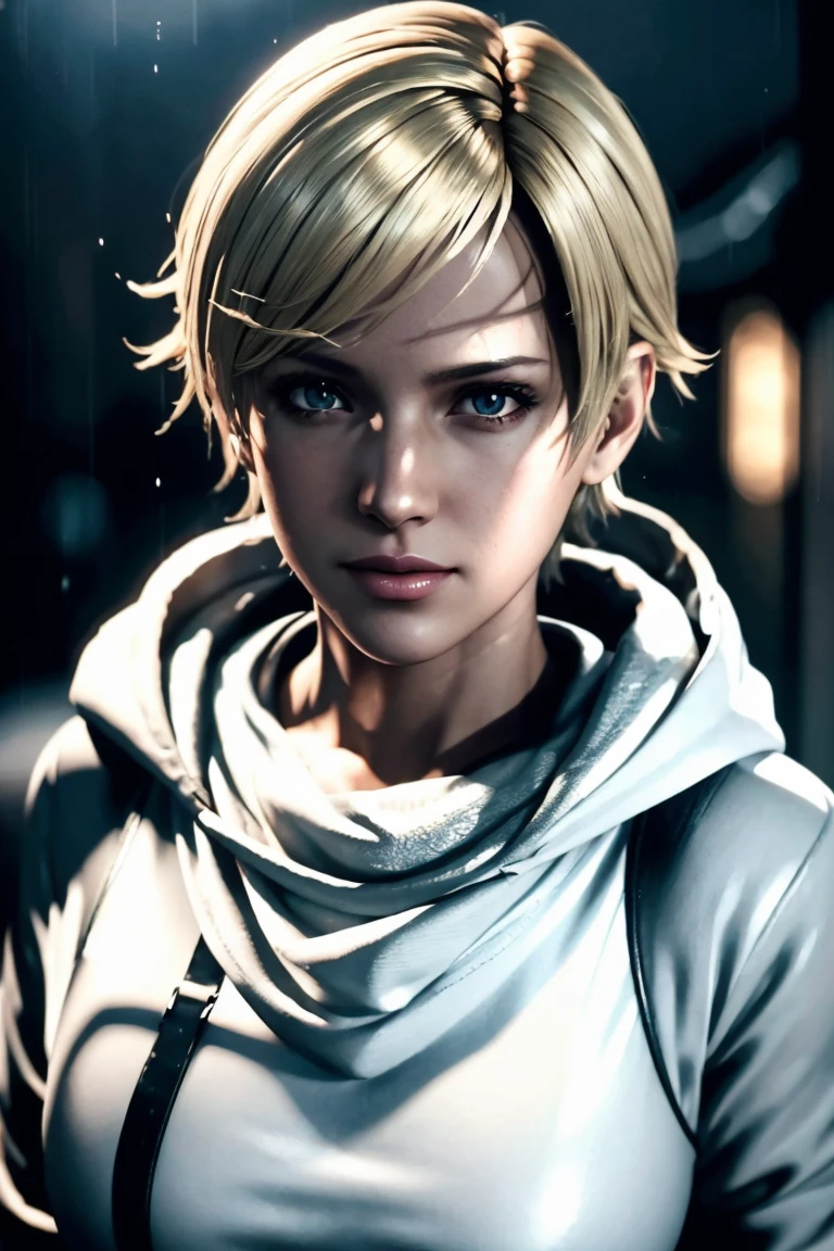 Resident Evil 6,Shelley,Short Hair,Blonde Hair,White hoodie,Cold protection,neck warmer,Photorealistic,Ultra HD,high quality,masterpiece,Digital SLR,Detailed details,Intricate details,Anatomical basis,Depicted in detail,A detailed face,Realistic skin texture,Vivid details,Perfect Anatomy,Perfect Anatomy,Anatomically correct hand,Anatomically correct fingers,Super Detail,Complex 3D rendering,Sexy pose,Rainy Sky,Beautiful scenery,Fantastic rainy sky,Picturesque,Pink Lips,smile,
