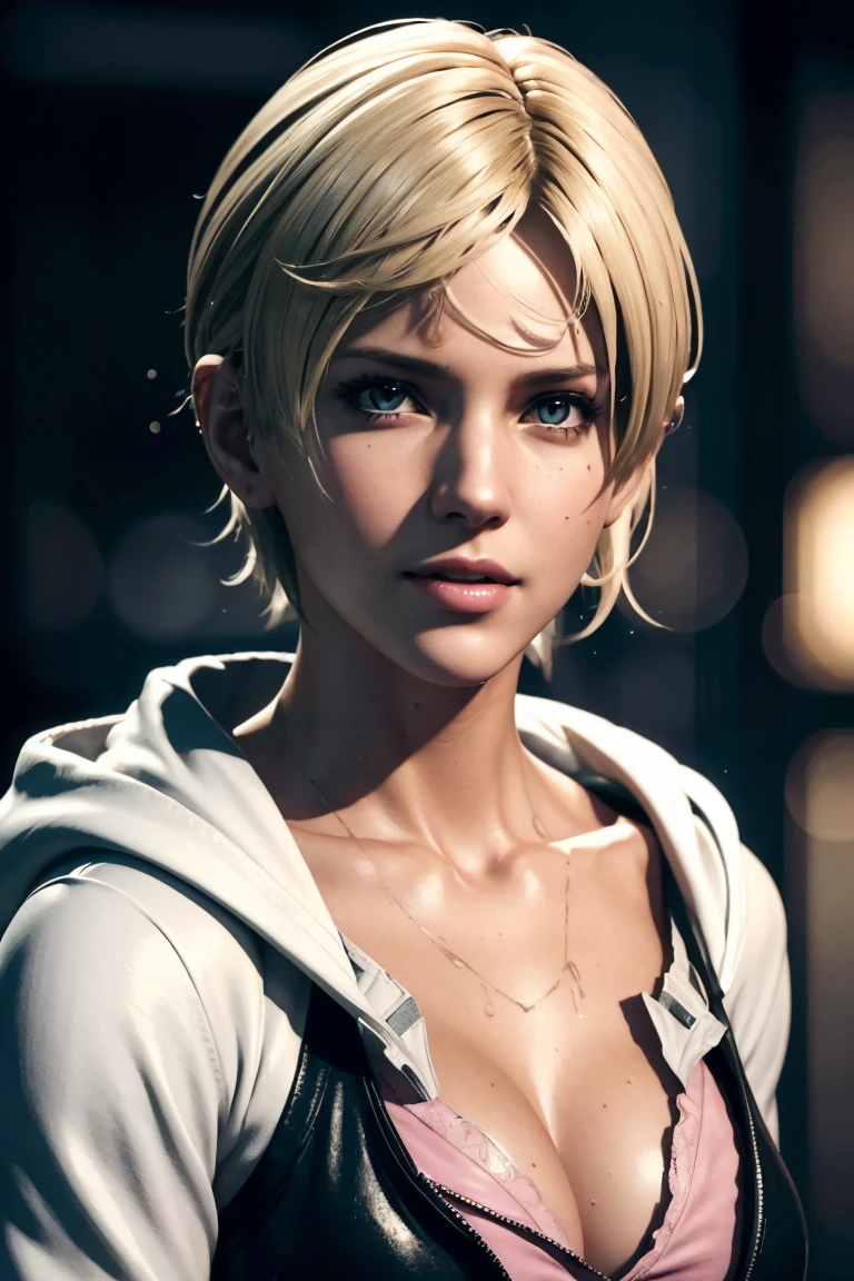 Resident Evil 6,Shelley,Short Hair,Blonde Hair,White hoodie,Cold protection,neck warmer,Photorealistic,Ultra HD,high quality,masterpiece,Digital SLR,Detailed details,Intricate details,Anatomical basis,Depicted in detail,A detailed face,Realistic skin texture,Vivid details,Perfect Anatomy,Perfect Anatomy,Anatomically correct hand,Anatomically correct fingers,Super Detail,Complex 3D rendering,Sexy pose,Rainy Sky,Beautiful scenery,Fantastic rainy sky,Picturesque,Pink Lips,smile,