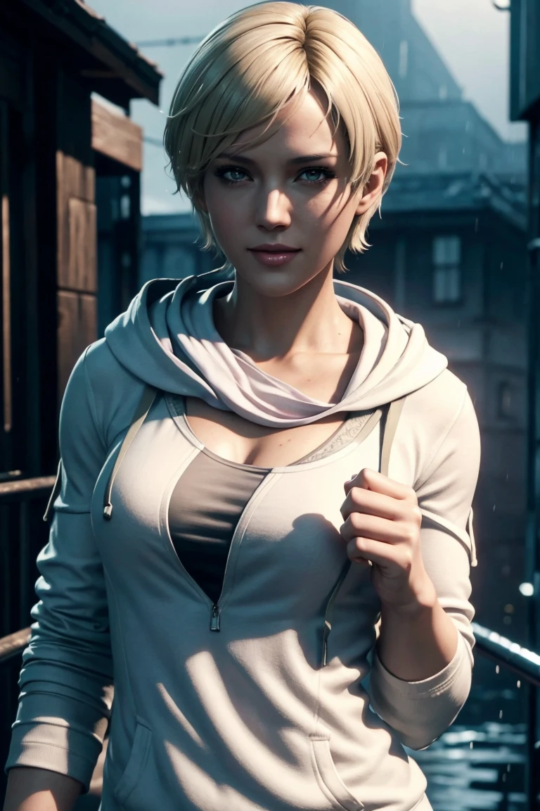 Resident Evil 6,Shelley,Short Hair,Blonde Hair,White hoodie,Cold protection,neck warmer,Photorealistic,Ultra HD,high quality,masterpiece,Digital SLR,Detailed details,Intricate details,Anatomical basis,Depicted in detail,A detailed face,Realistic skin texture,Vivid details,Perfect Anatomy,Perfect Anatomy,Anatomically correct hand,Anatomically correct fingers,Super Detail,Complex 3D rendering,Sexy pose,Rainy Sky,Beautiful scenery,Fantastic rainy sky,Picturesque,Pink Lips,smile,