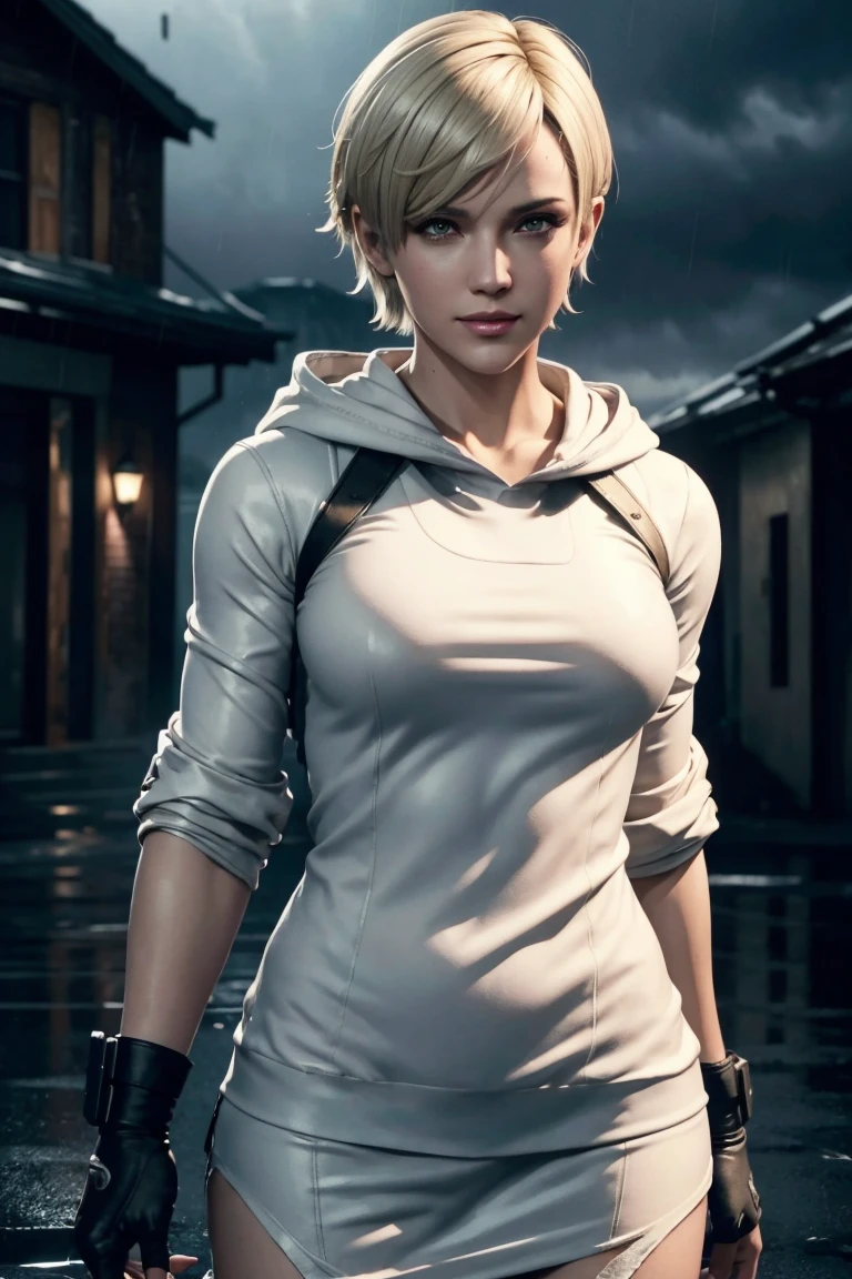 Resident Evil 6,Shelley,Short Hair,Blonde Hair,White hoodie,Cold protection,neck warmer,Photorealistic,Ultra HD,high quality,masterpiece,Digital SLR,Detailed details,Intricate details,Anatomical basis,Depicted in detail,A detailed face,Realistic skin texture,Vivid details,Perfect ,Perfect ,Anatomically correct hand,Anatomically correct fingers,Super Detail,Complex 3D rendering,Sexy pose,Rainy Sky,Beautiful scenery,Fantastic rainy sky,Picturesque,Pink Lips,smile,