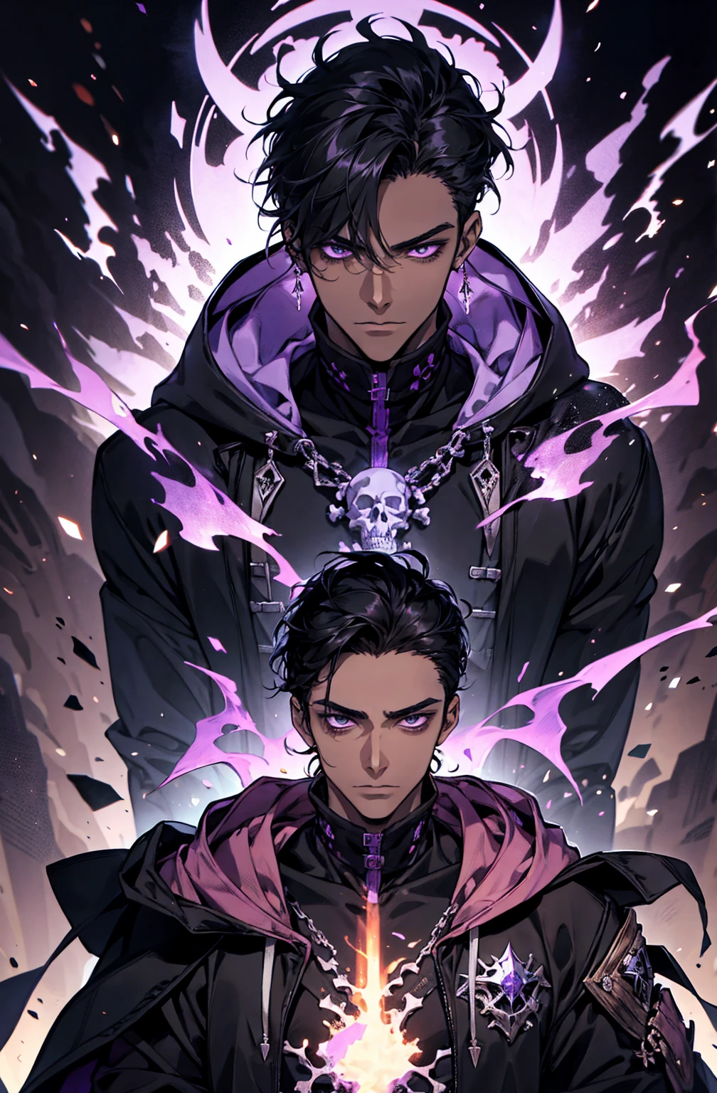 male with bones, looking away from camera, skulls, bones, handsome, black, dark skin, tall, broad shoulders, black hair, purple, purple fire, magic, detailed face, fantasy, hoodie
