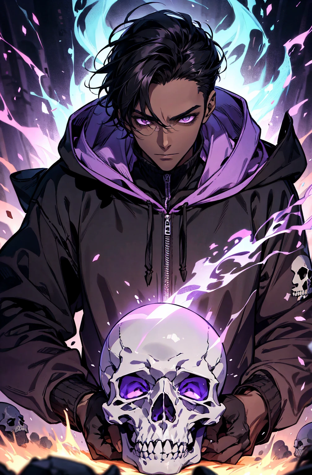 male with bones, looking away from camera, skulls, bones, handsome, black, dark skin, tall, broad shoulders, black hair, purple, purple fire, magic, detailed face, fantasy, hoodie