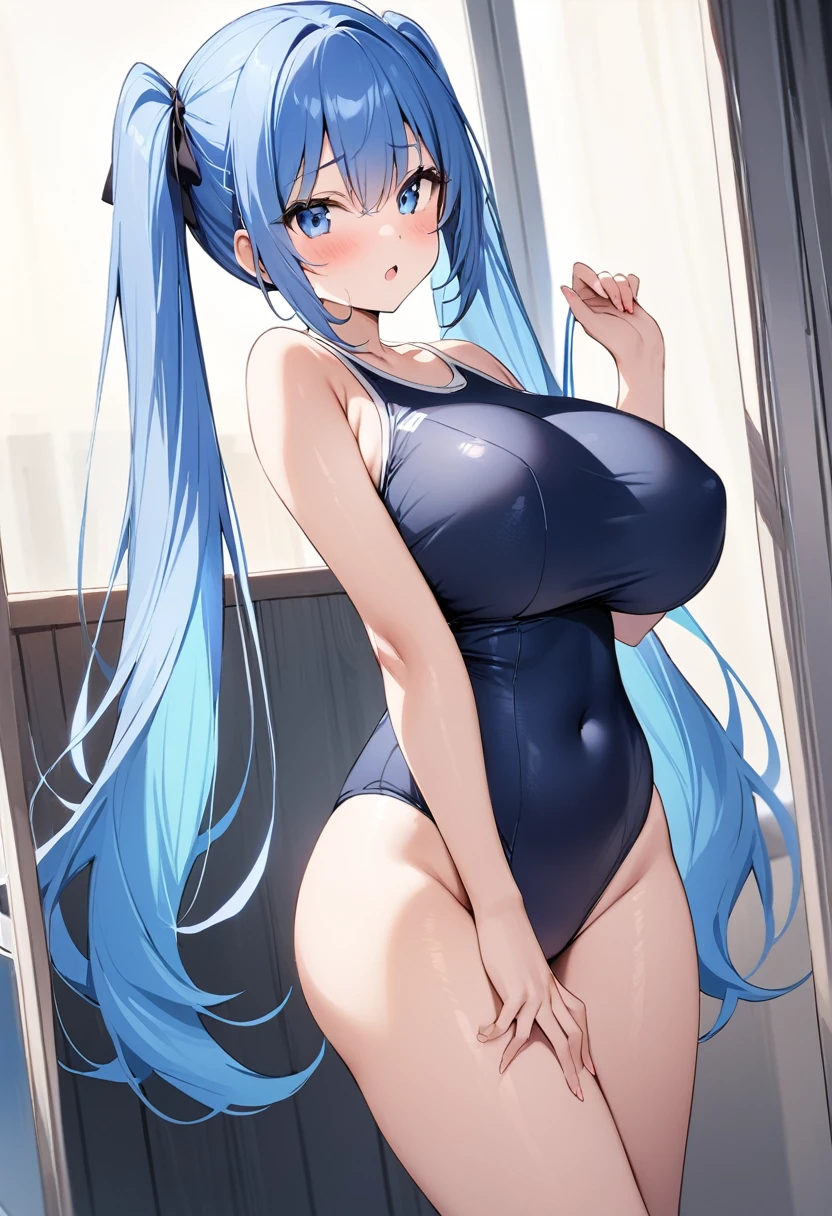 masterpiece、Highest quality、Best image quality、High resolution、Big Breasts、Blue Hair、blue eyes、Twin tails、Black school swimsuit、Muji school swimsuit