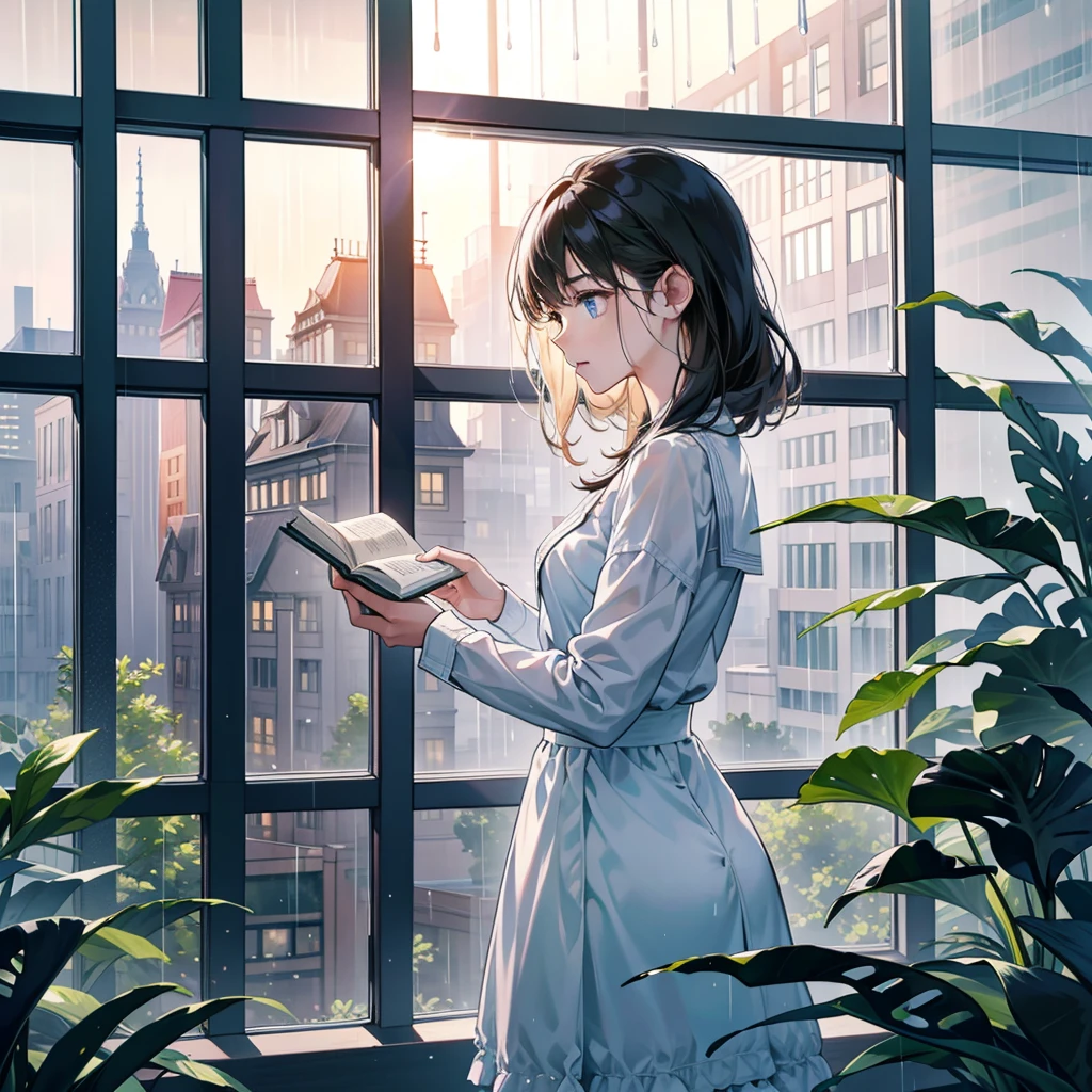 Woman looking at the rainy scenery from the library window:1.8、I hope the rain stops soon.。A little melancholy look。evening。holding a book in hand。