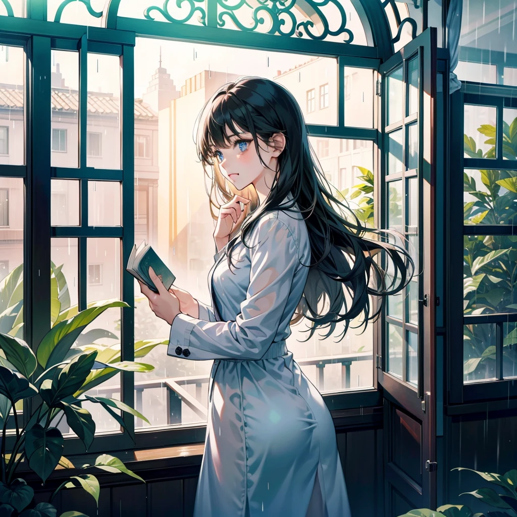 Woman looking at the rainy scenery from the library window:1.8、I hope the rain stops soon.。A little melancholy look。evening。holding a book in hand。
