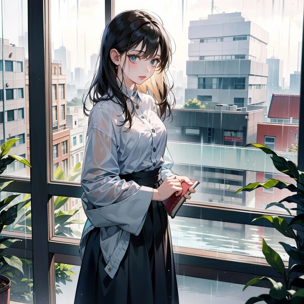 Woman looking at the rainy scenery from the library window:1.8、I hope the rain stops soon.。A little melancholy look。evening。holding a book in hand。