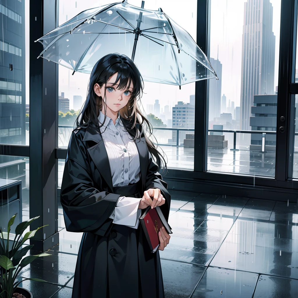 Woman looking at the rainy scenery from the library window:1.8、I hope the rain stops soon.。A little melancholy look。evening。holding a book in hand。
