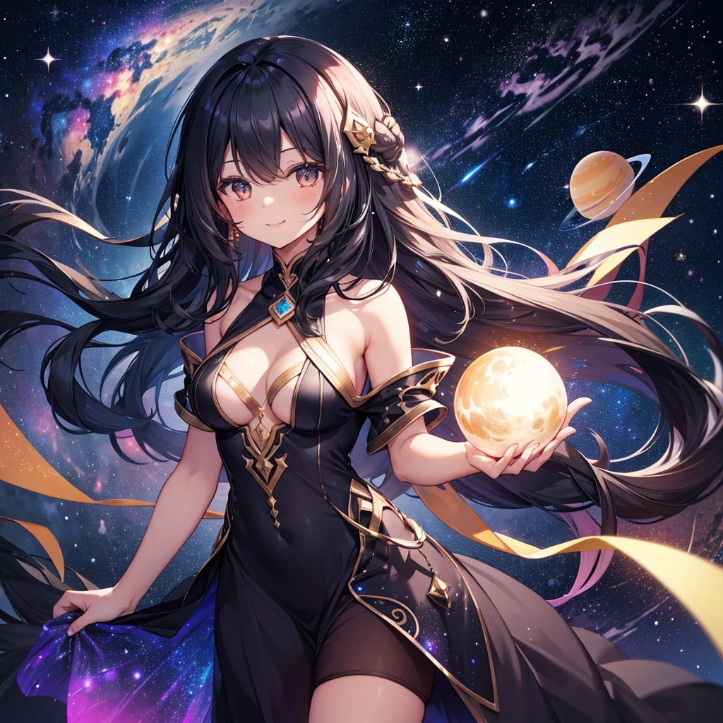Woman with very long wavy black hair tan skin, good size breast,  wearing a beautiful dark majenta  glitter dress and smiling up. Little, surrounded by outerspace, planets, and galaxies