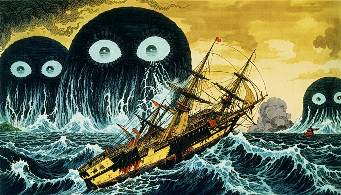there is a painting of a ship in the middle of a body of water, kazuo umezu art, monstro em terra, rising from the ocean, Sea monster, Sea monster, terror lovecraftiano! dark clouds, lightning strikes